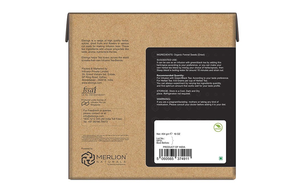 Elixings Organic Fennel Seeds Foeniculum Vulgare Whole   Box  454 grams